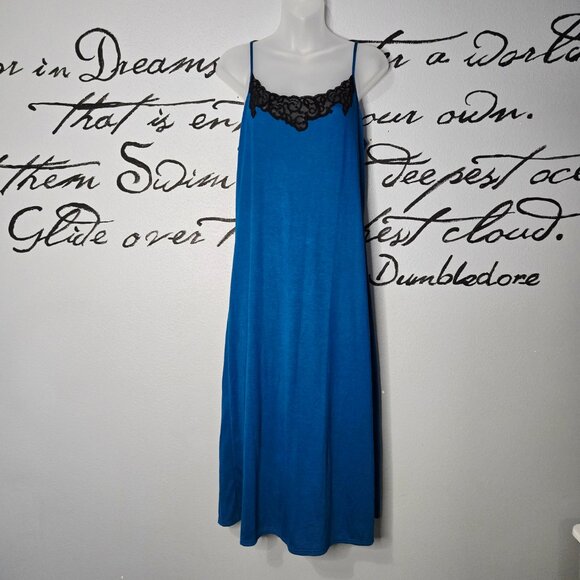 Natori Slinky Long Nightgown With Lace and Robe Set, Peignoir Set, Deep Teal M/L - Picture 8 of 12